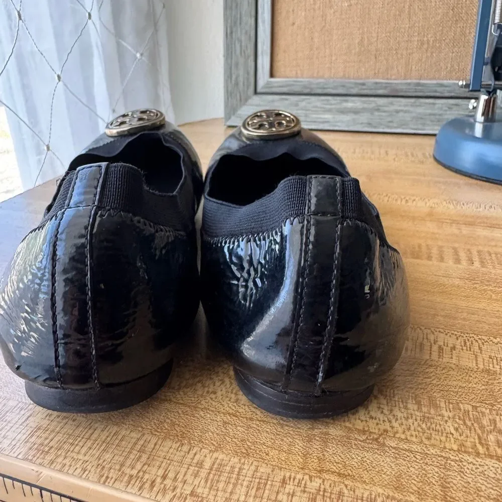 Tory Burch Black Leather Flats with Gold Medallion